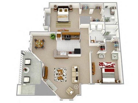 Floor plan for 2 beds, 2 baths, 1017 sqft